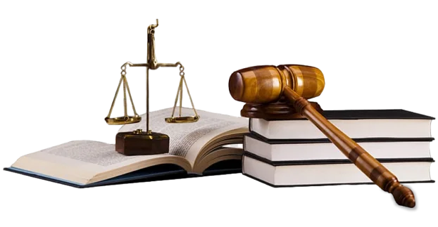 Scales of justice, gavel, and law books